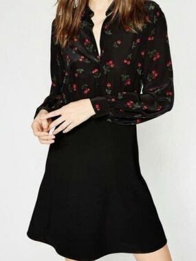 Silk Black Cherry Print Long-Sleeve Shirt Dress